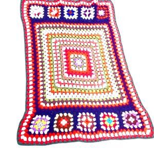Vintage Granny Square Crochet Knit Multicolor Small Blanket Throw Afghan